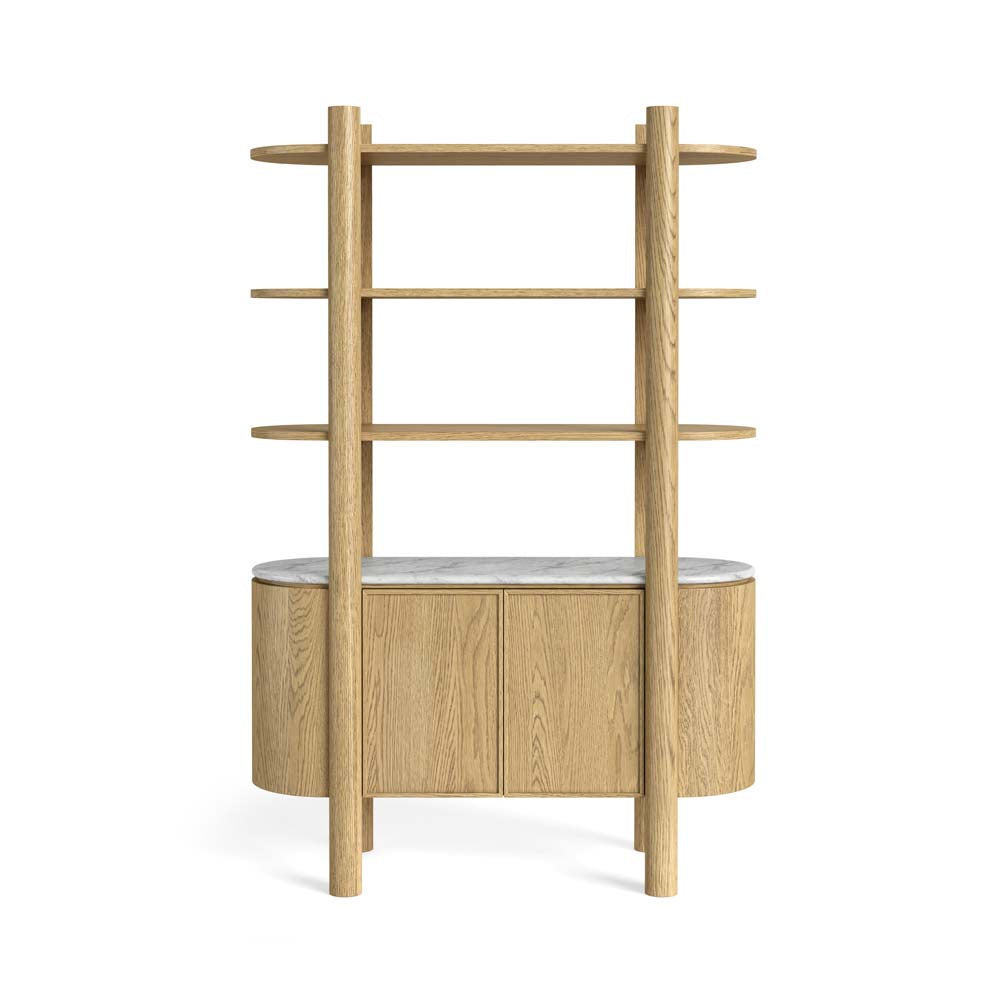 A modern oak wood sideboard or shelving unit with three open shelves, a curved cabinet base, and a white marble top, shown on a plain white background.
