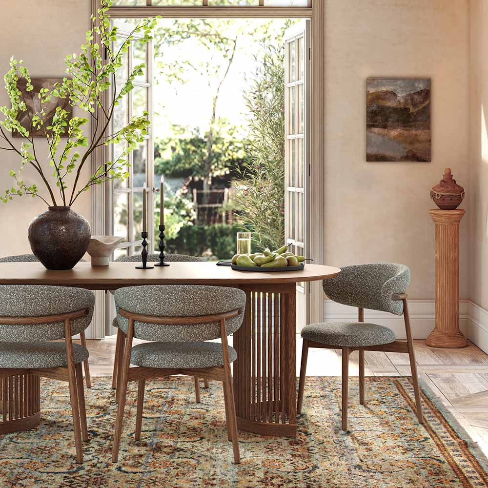 Dining room with wooden table and chairs, large window, and decorative elements.