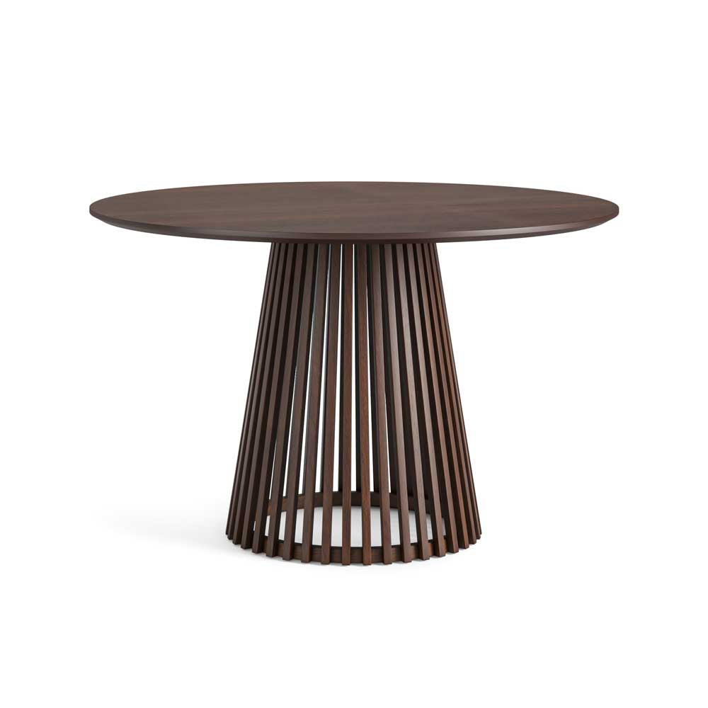 Round wooden table with a unique base design on a white background