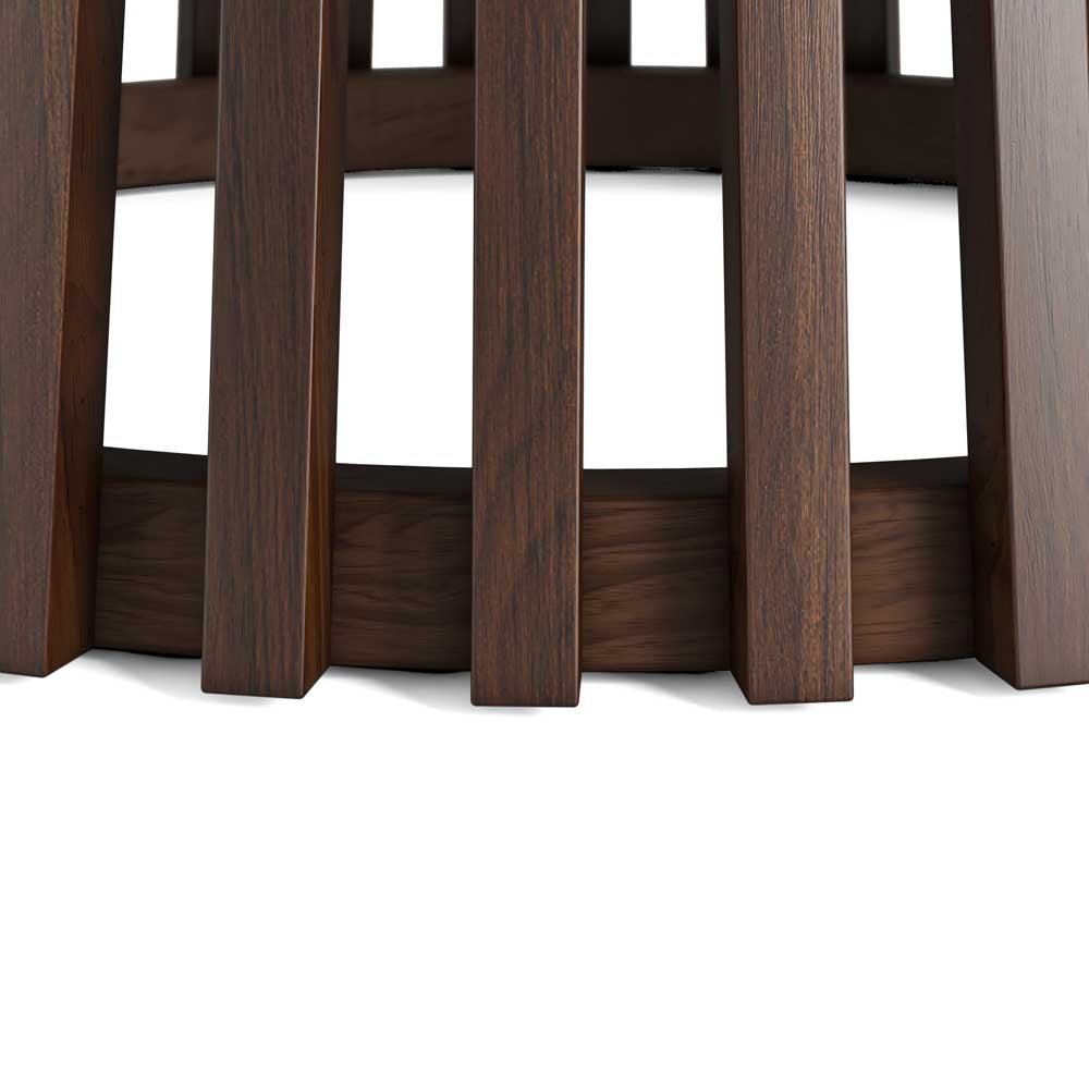 Close-up of wooden slatted table base with a white background