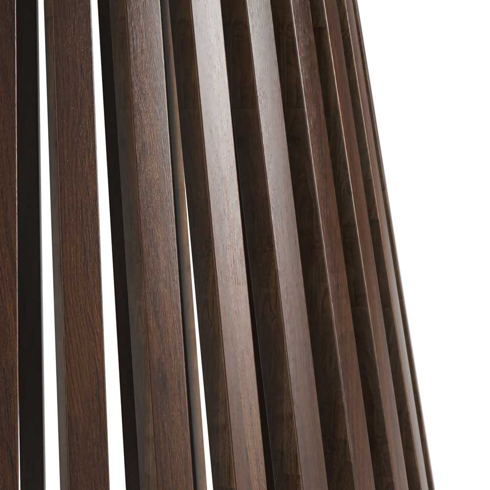Close-up of wooden tapered slatted table base with a white background