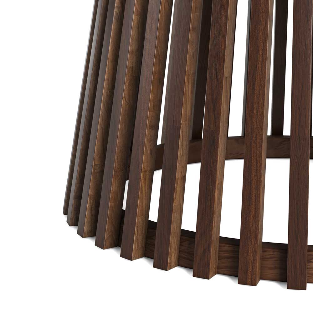 Close-up of a wooden dining table base  with slatted design on a white background