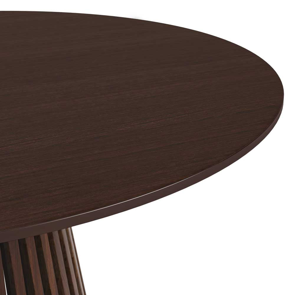 Round wooden table with a dark brown finish on a white background