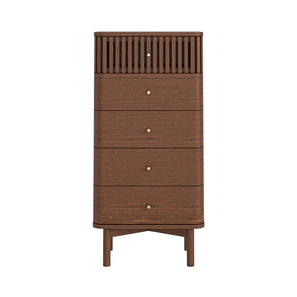 Wooden dresser with five drawers, one slatted, on a white background