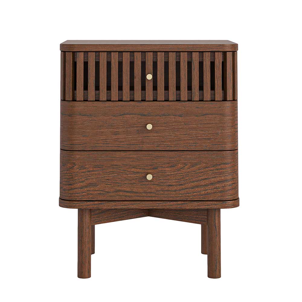 Wooden dresser with three drawers on a white background