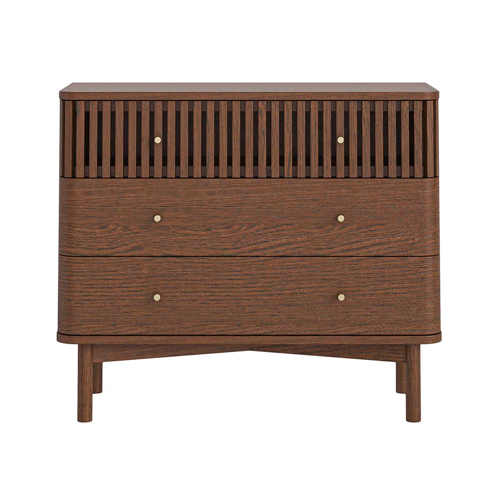 Wooden dresser with three drawers, the top drawer with a slatted design on a white background
