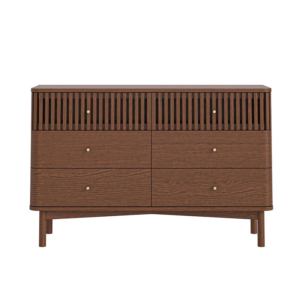 Wooden dresser with six drawers on a white background