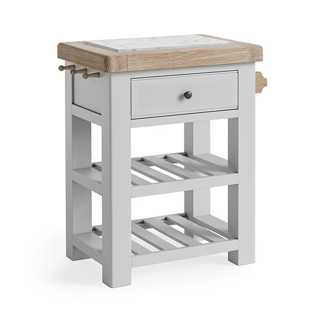 Small kitchen isald, oak and marble top, 1 drawer, 2 open storage shelves and teatowel rail on the left