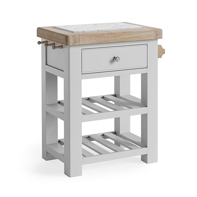 Small kitchen isald, oak and marble top, 1 drawer, 2 open storage shelves and teatowel rail on the left