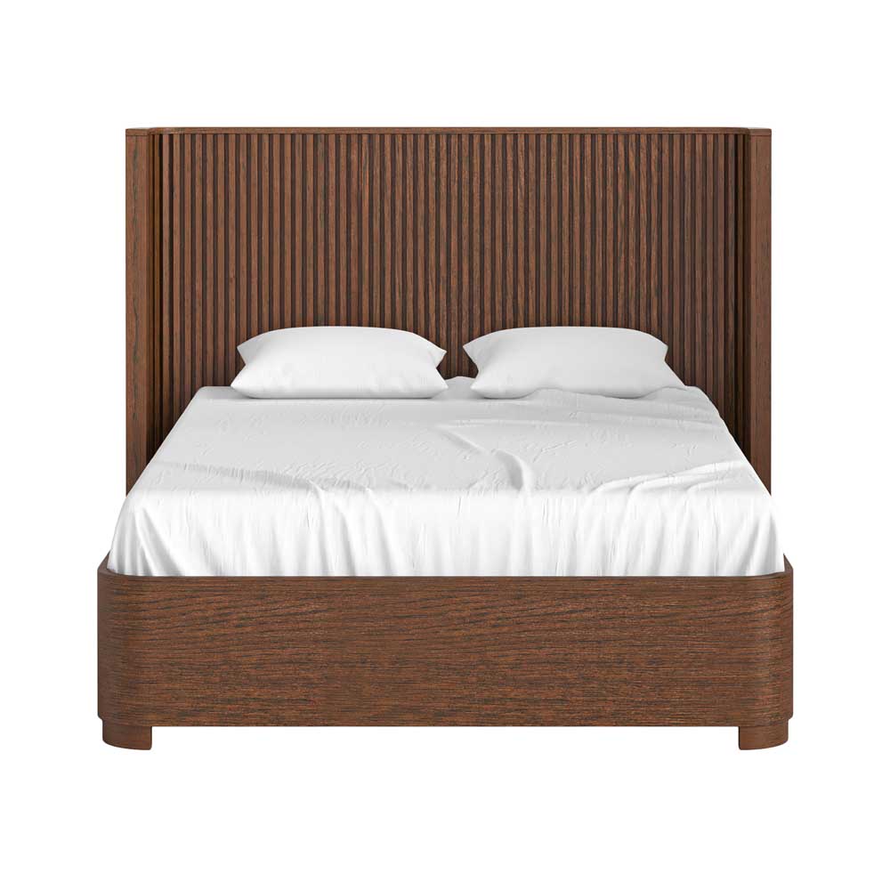 Wooden bed with white bedding on a white background