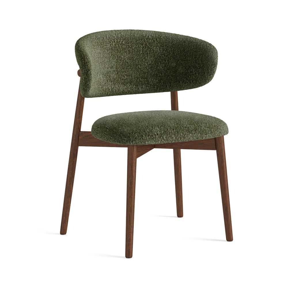 Green upholstered chair with wooden legs on a white background
