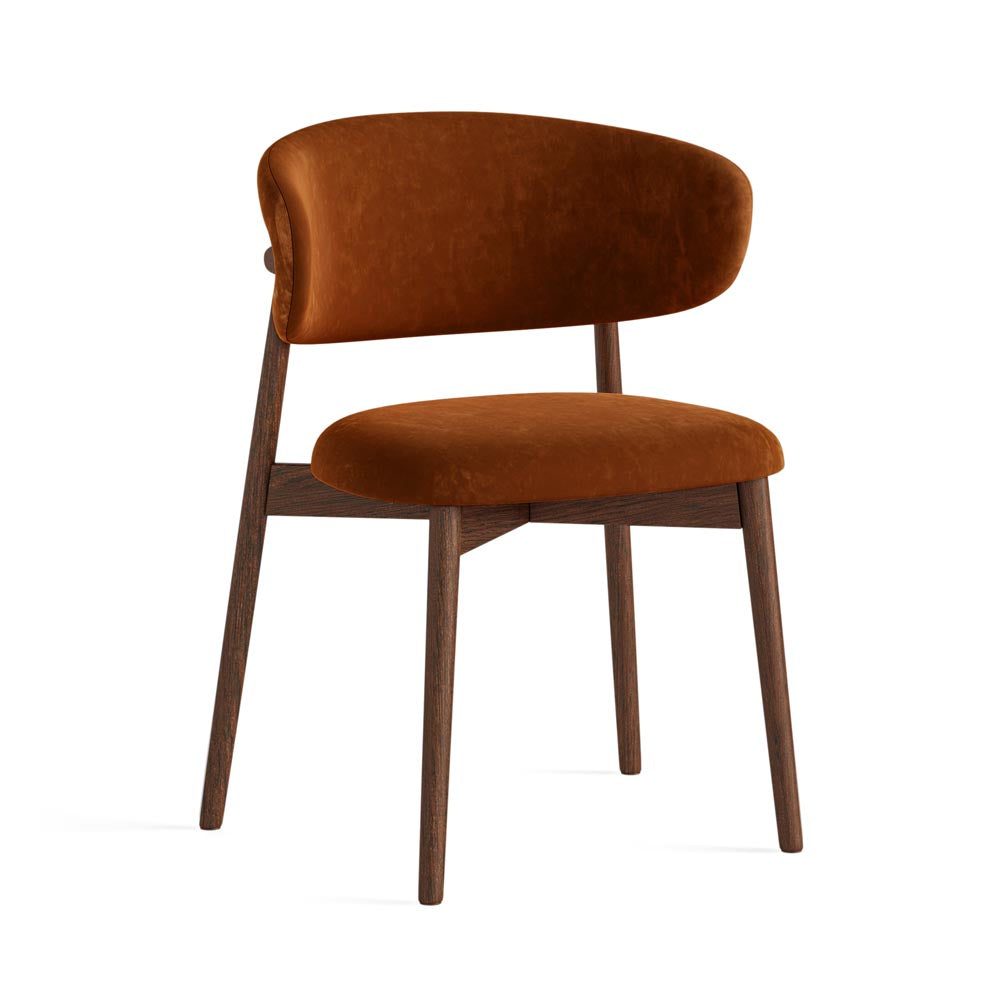 Rustic Orange Velvet upholstered chair with wooden legs on a white background