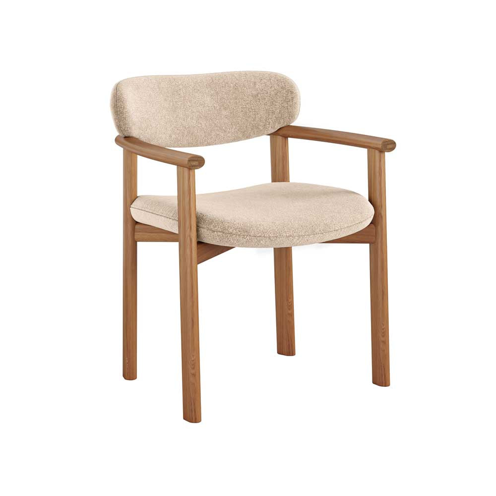 A modern dining chair with a light beige textured fabric seat and backrest, supported by a warm brown wooden frame with integrated armrests, shown against a plain white background.