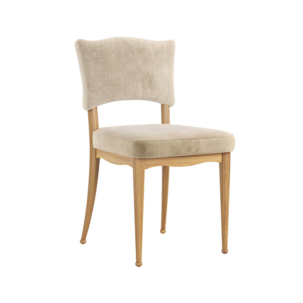 Beige upholstered chair with wooden legs on a white background