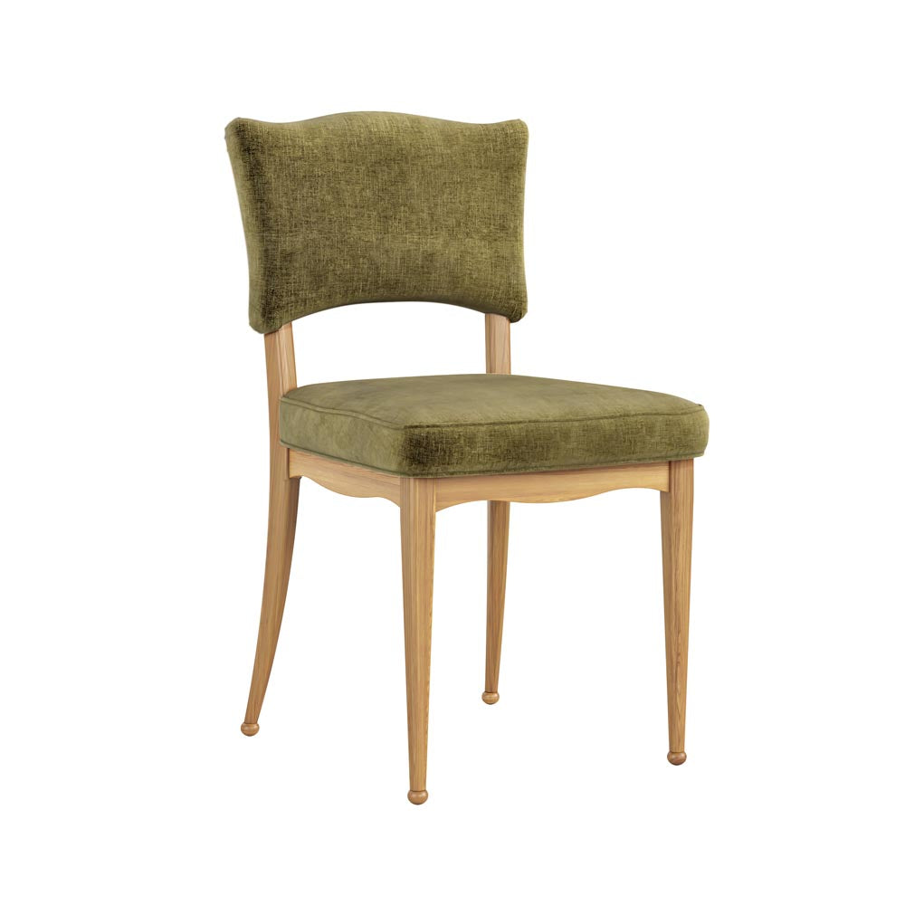 Olive green upholstered chair with wooden legs on a white background