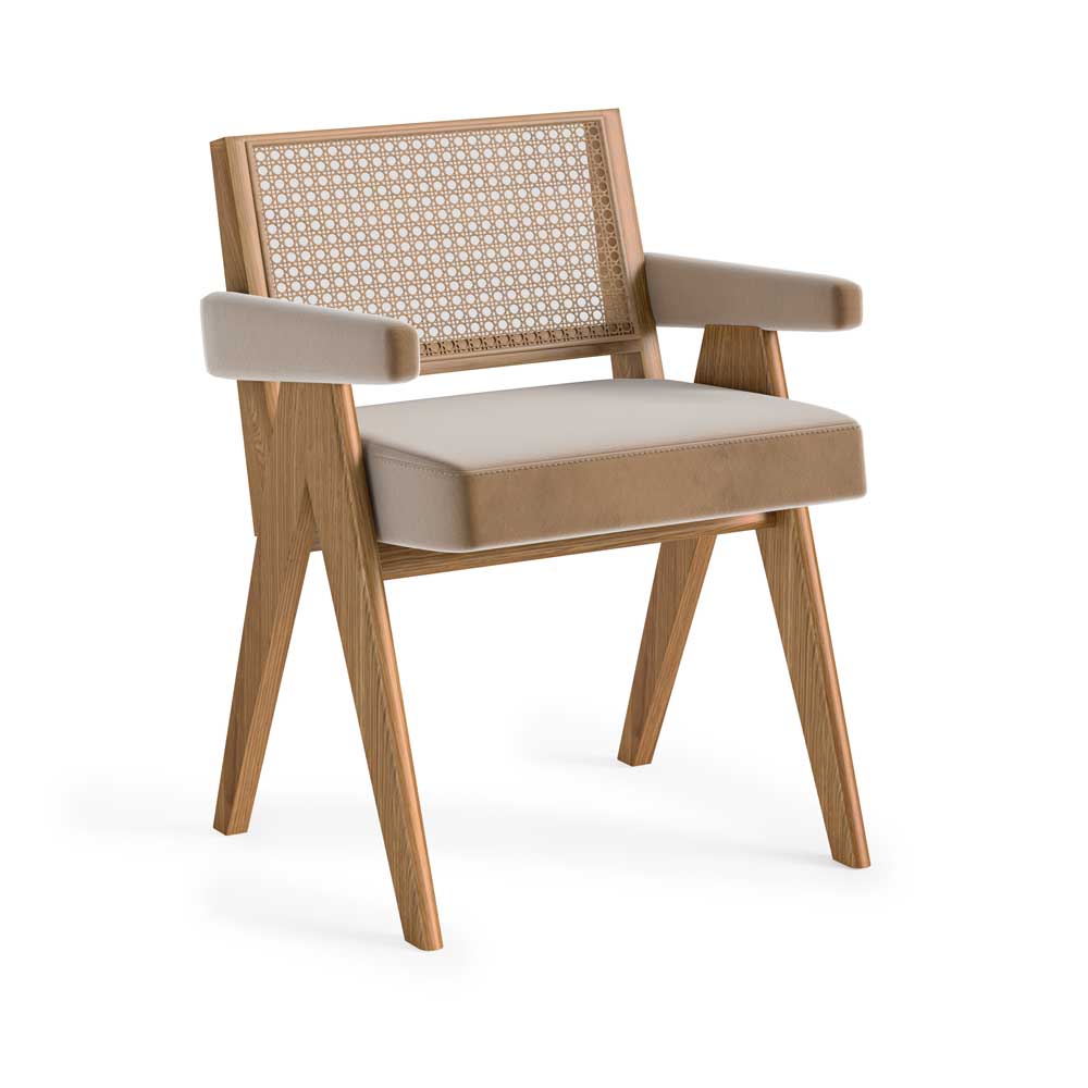 A modern wooden armchair with a beige upholstered seat and arms, and a woven cane backrest, shown on a white background.