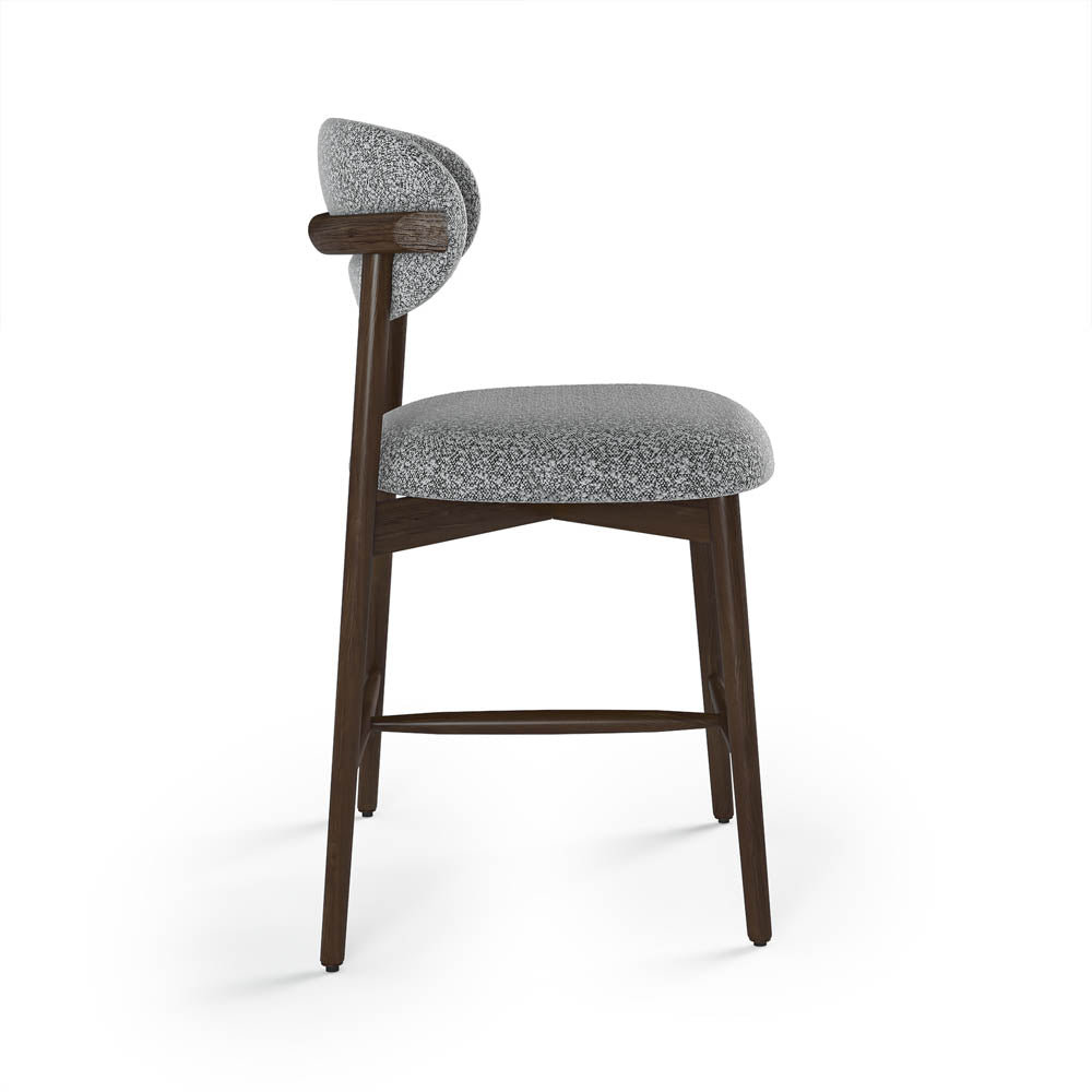 Chair with dark wooden frame and gray cushioned seat on a white background