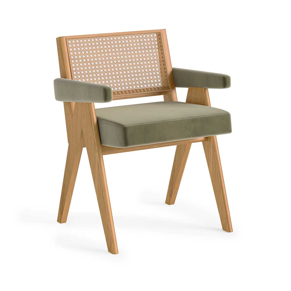 A modern wooden armchair with an olive velvet upholstered seat and arms, and a woven cane backrest, shown on a white background.