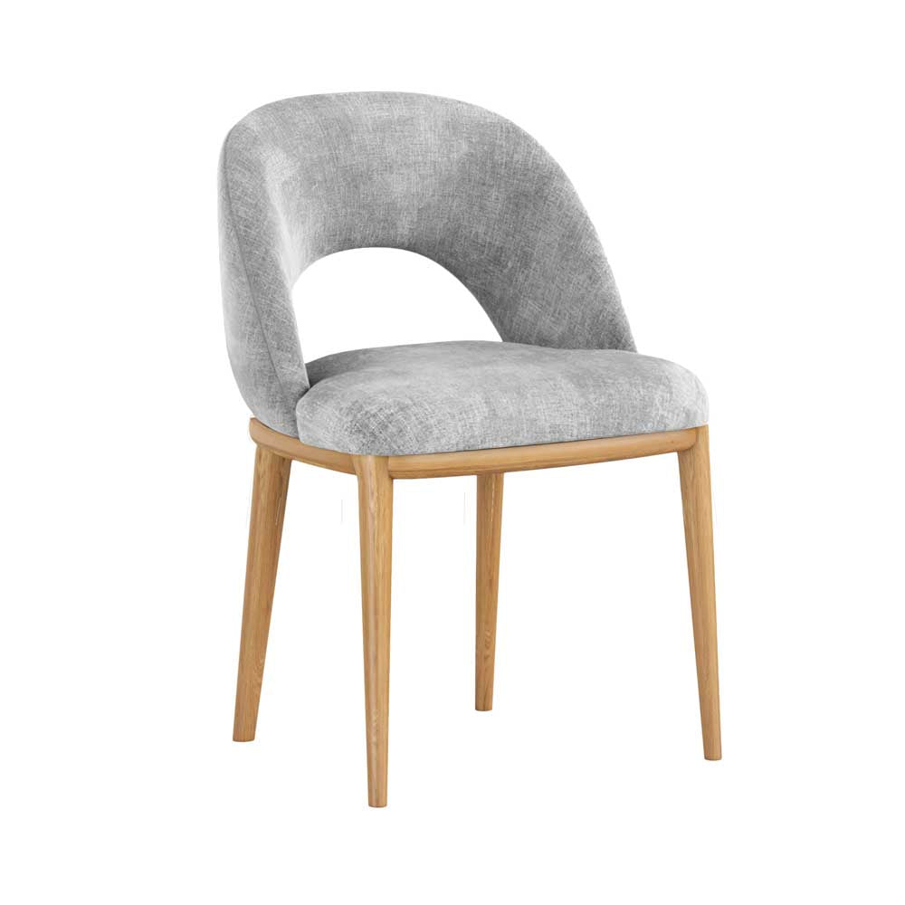 Gray upholstered chair with wooden legs on a white background