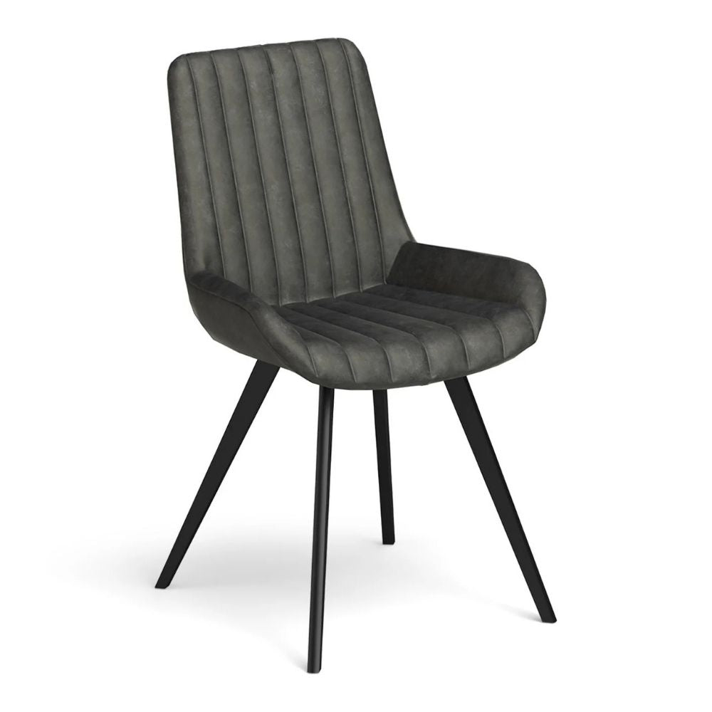 A modern dining chair upholstered in dark gray ribbed fabric with black metal legs, shown on a plain white background.