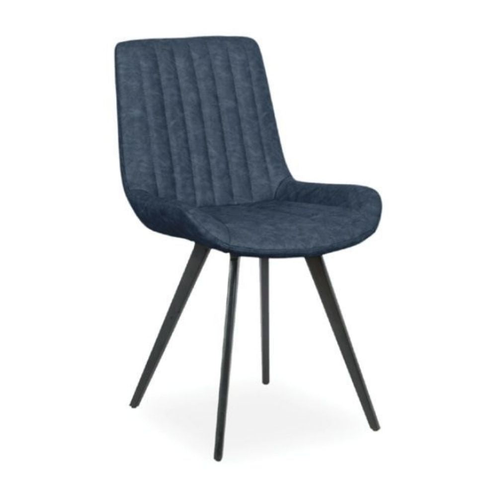 A modern dining chair upholstered in textured navy blue fabric with vertical channel tufting on the backrest and seat, supported by four tapered black metal legs, shown against a plain white background.