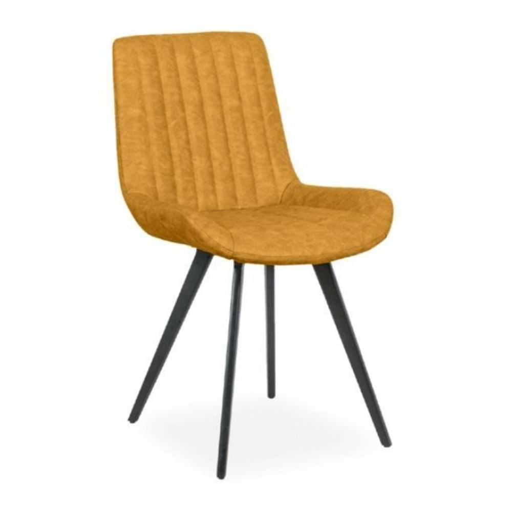 A modern dining chair with a mustard yellow upholstered seat and vertically channel-tufted backrest, supported by four tapered black metal legs, shown against a plain white background.