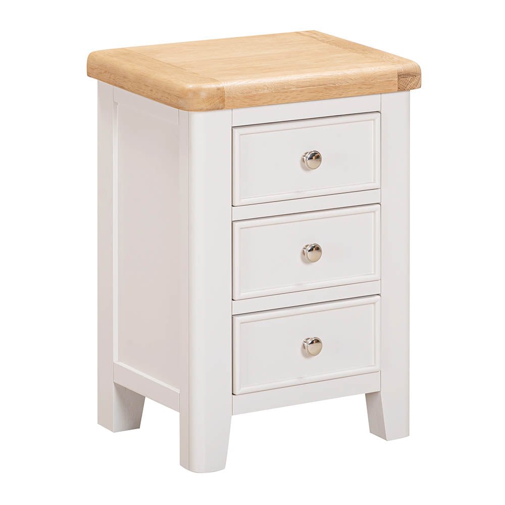 Light grey-beige nightstand with three drawers and a wooden top on a white background