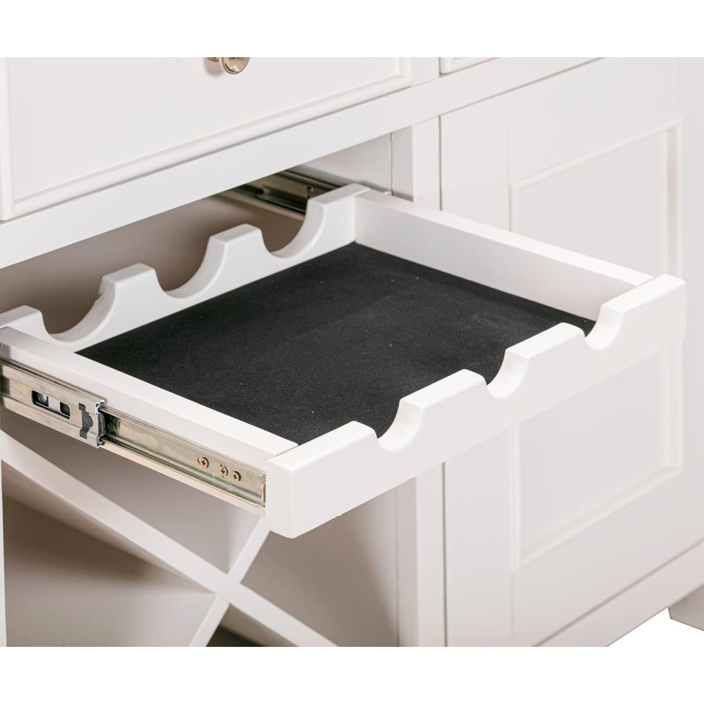 Open wine rack sliding drawer with a black liner inside, on a white background