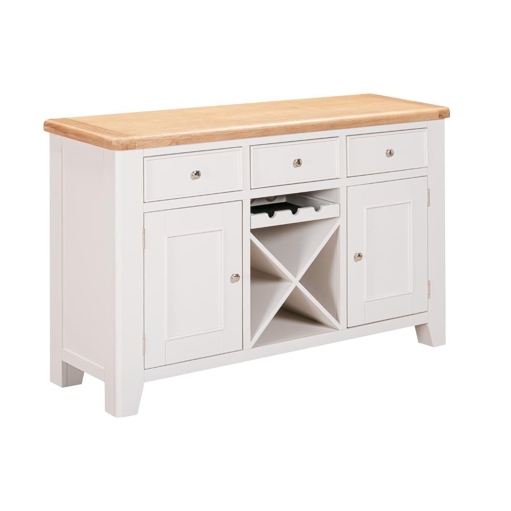 Light grey-beige sideboard with wooden top on a white background
