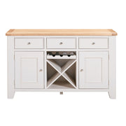 Light grey-beige large kitchen sideboard with wooden top and wine rack on a white background
