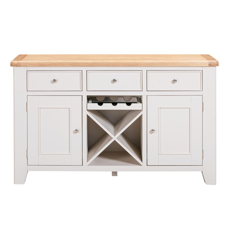 Light grey-beige large kitchen sideboard with wooden top and wine rack on a white background