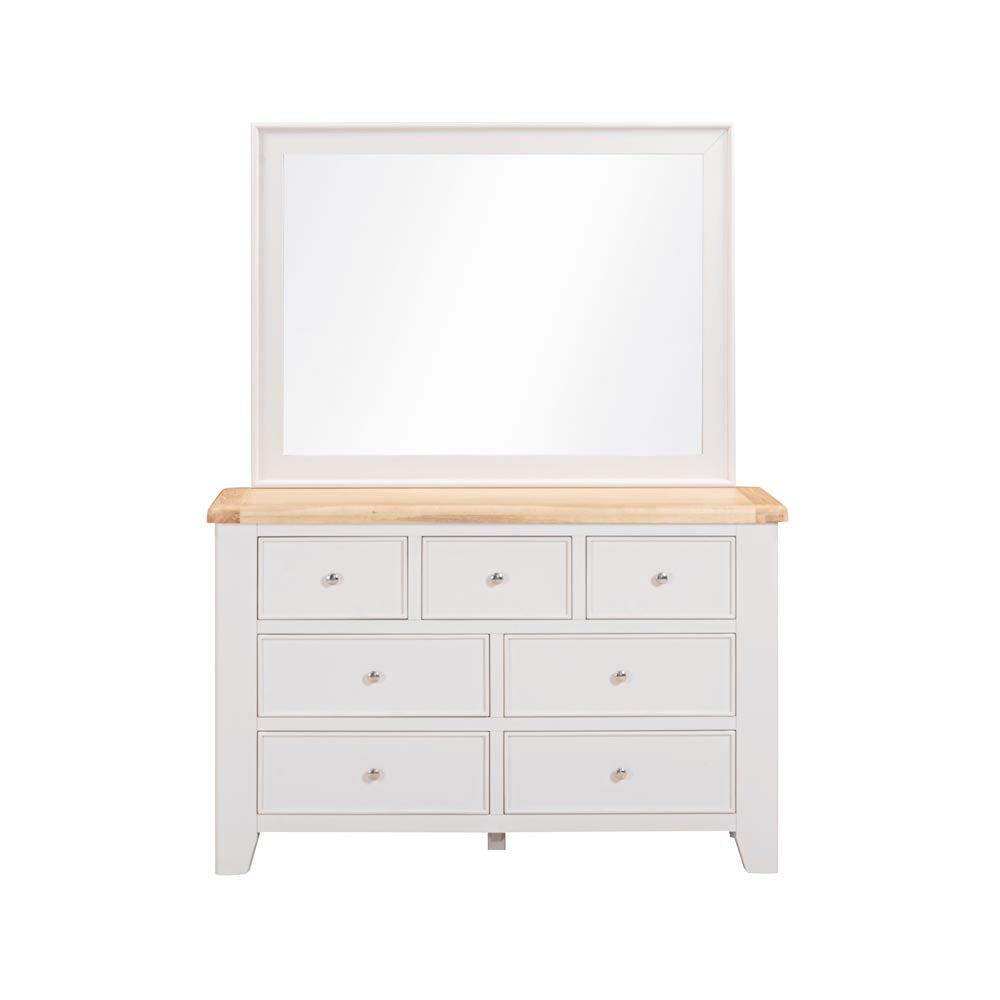 Light grey-beige  7 drawer dresser with mirror and wooden oak top on a white background