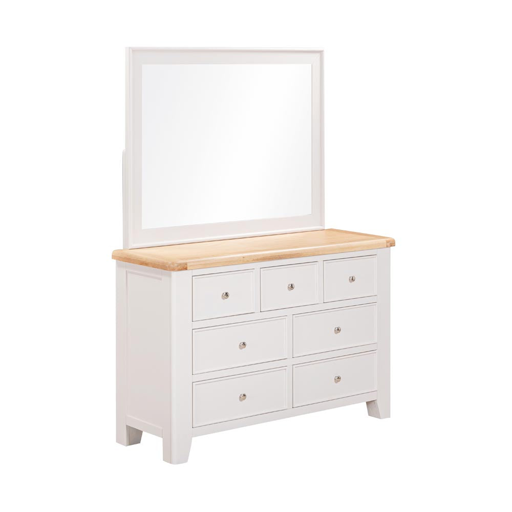 Light grey-beige 7 drawer dresser with mirror and wooden top on a white background