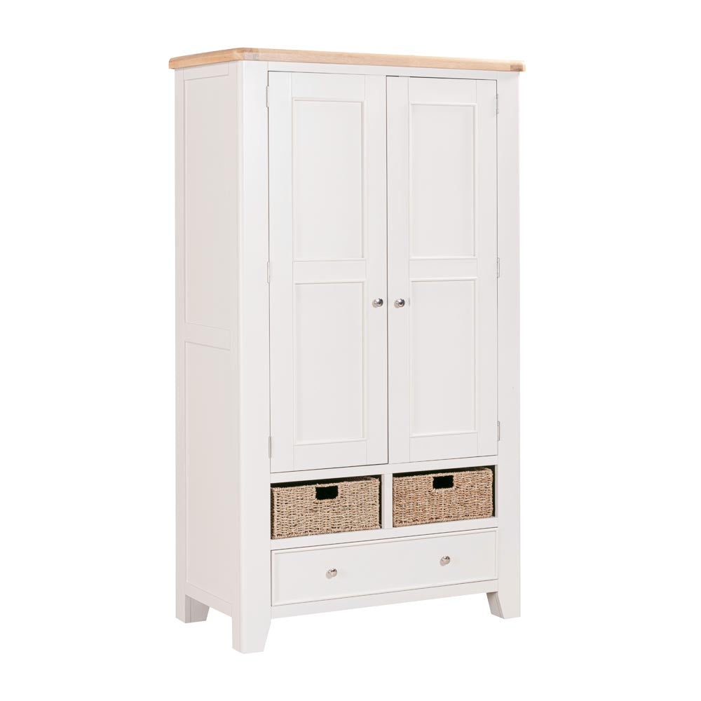 Light grey-beige kitchen larder with wooden top and wicker baskets on a white background