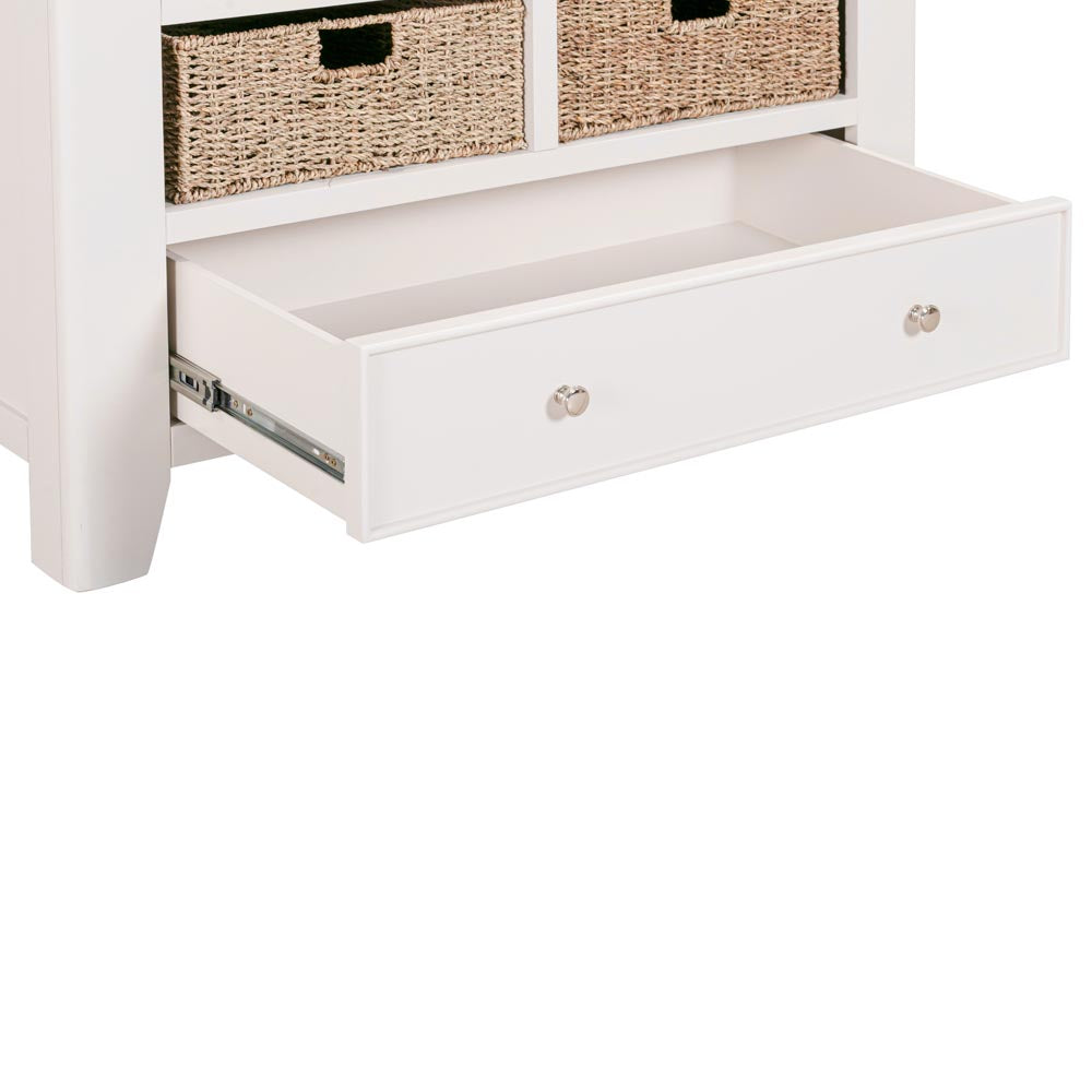 Light grey-beige kitchen larder with open drawer and woven basket compartments on a white background