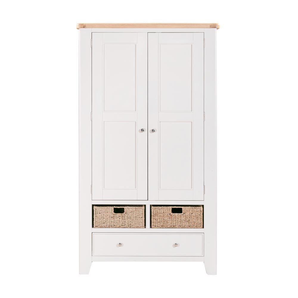 Light grey-beige kitchen larder with wooden top and two wicker basket drawers on a white background