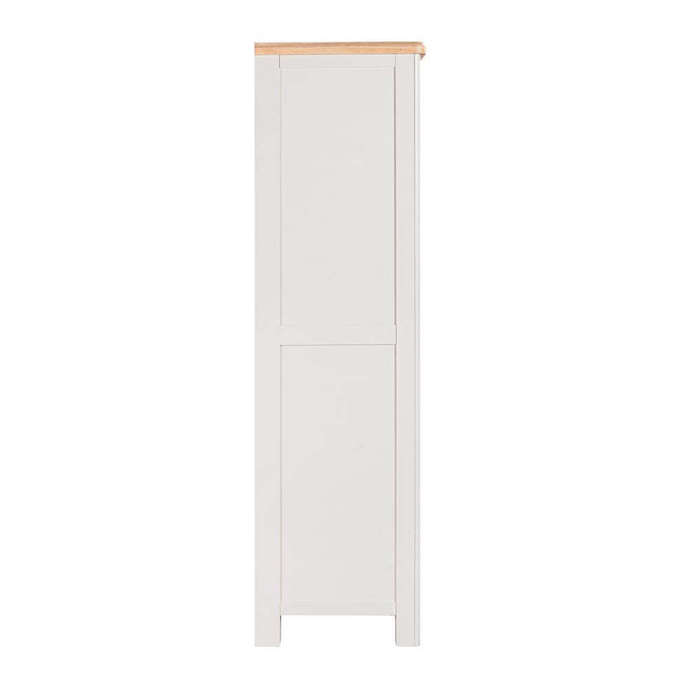 Side view of a light grey-beige kitchen larder with a wooden top on a white background