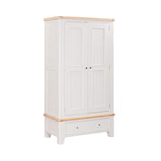 Light grey-beige wardrobe with oak wooden top and bottom on a white background