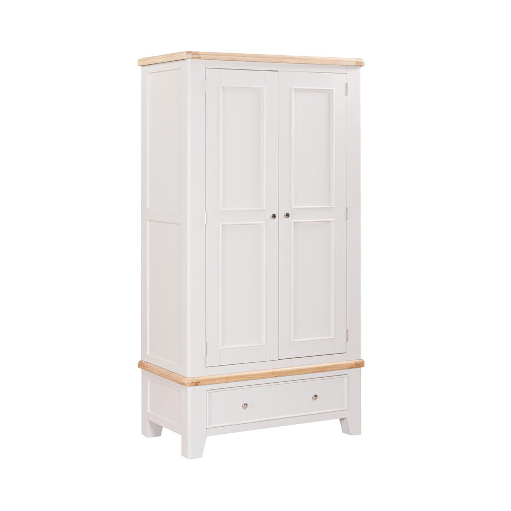 Light grey-beige wardrobe with oak wooden top and bottom on a white background