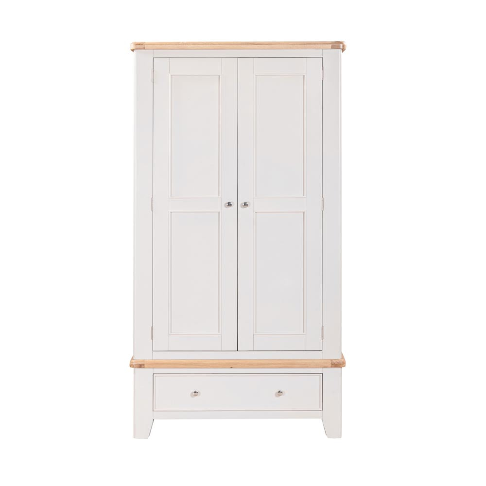 Light grey-beige wardrobe with wooden base and top on a white background