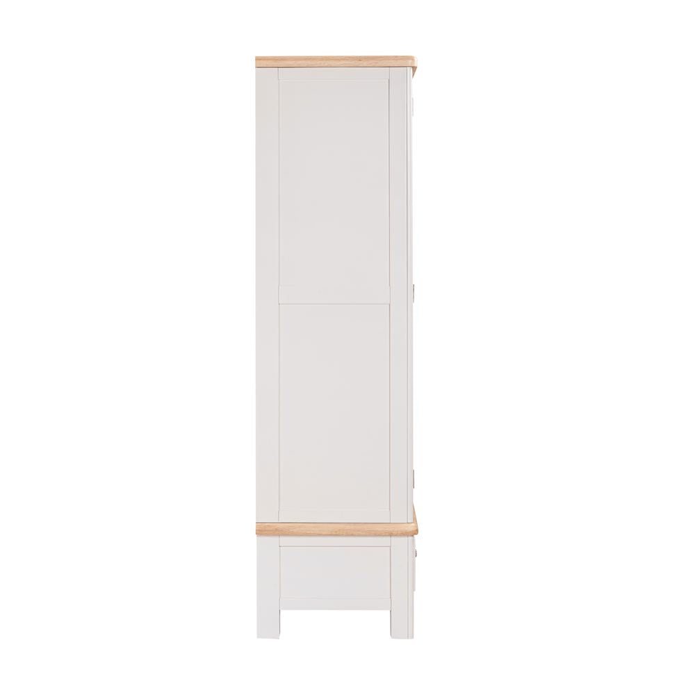 Side view of Light grey-beige wardrobe with wooden base and top on a white background