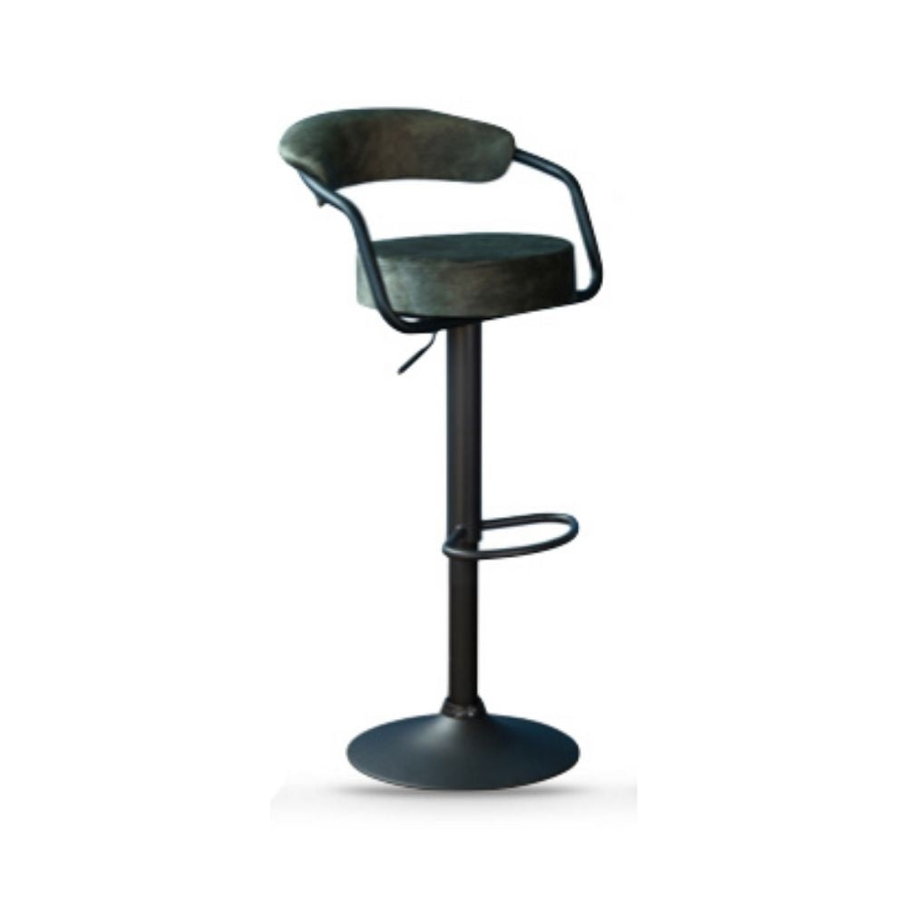 Black gas lift bar stool with a minimalist backrest on a white 