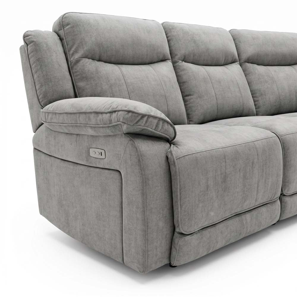 Gray sofa with electric reclining feature and USB charging port on a white background
