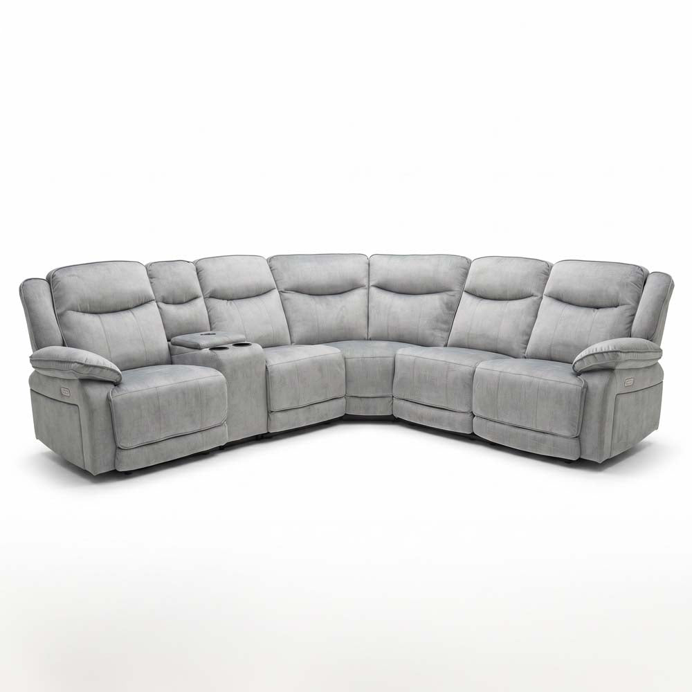 Gray corner sofa with reclining seats on a white background