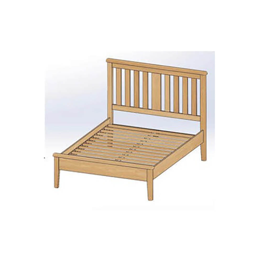 Wooden bed frame with slatted design on a white background