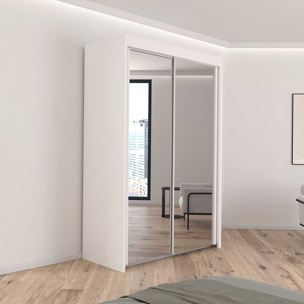 1.5 metre white wardrobe with mirrored sliding doors in a white bedroom.