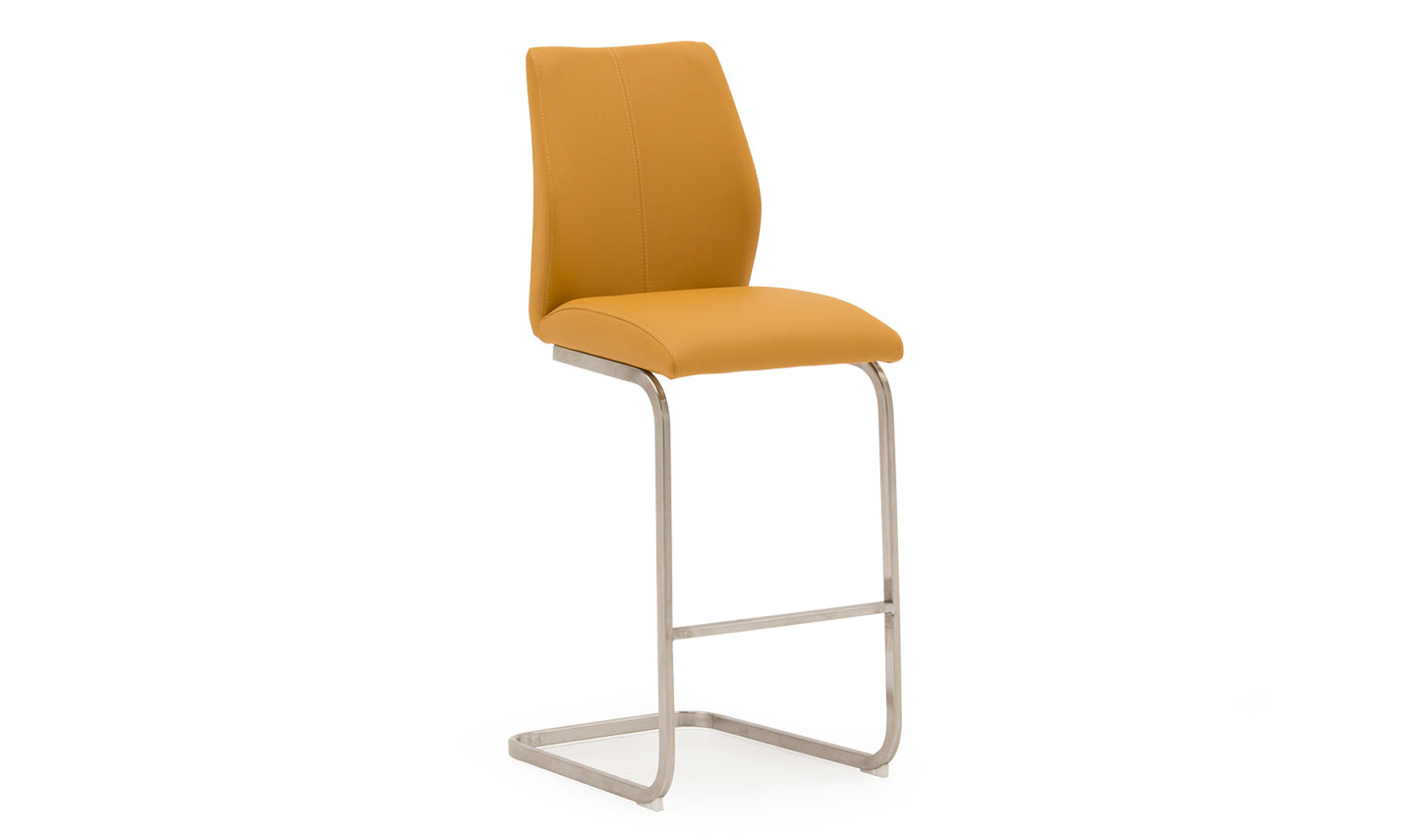 Bright warm golden yellow / pumpkin coloured bar stool with a metal frame on a white background