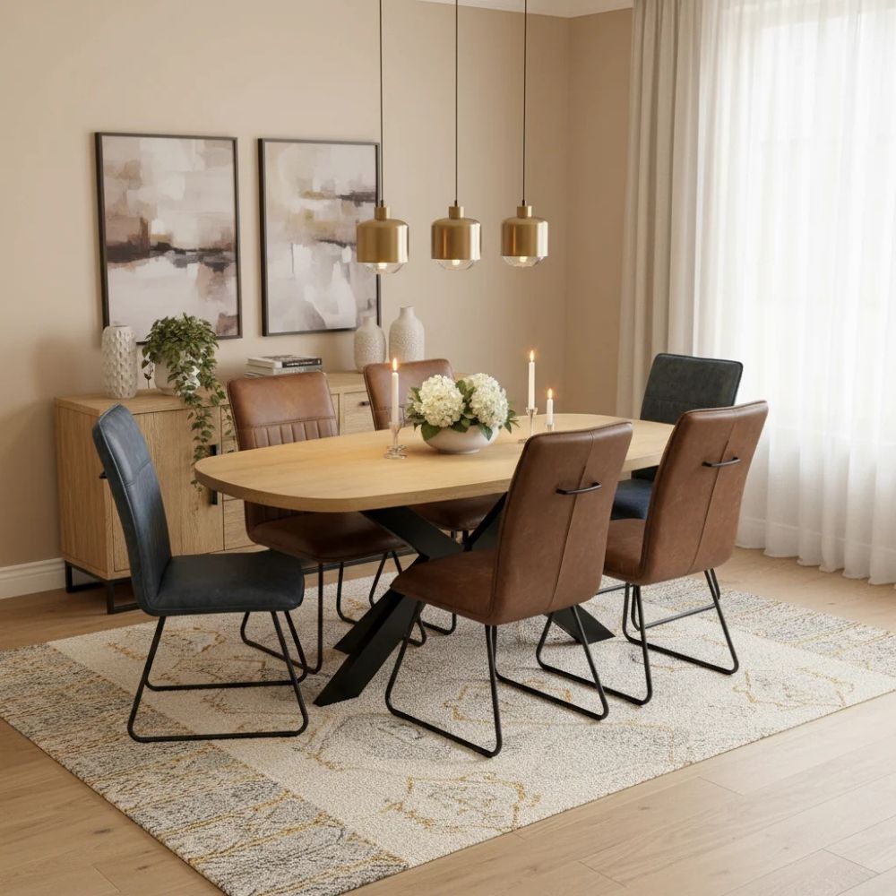 Modern dining room with a wooden table and chairs on a patterned rug.