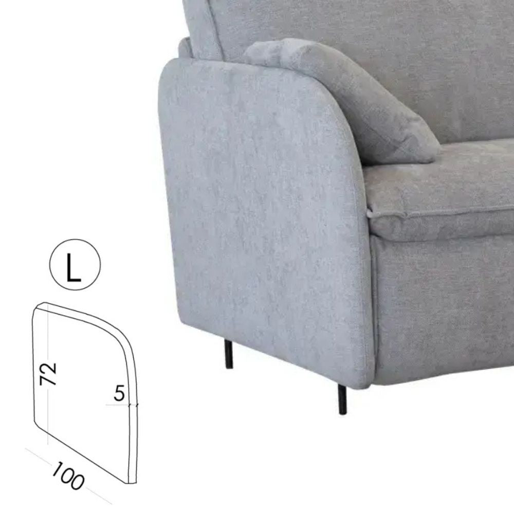 Gray sofa with dimensions indicated on a white background