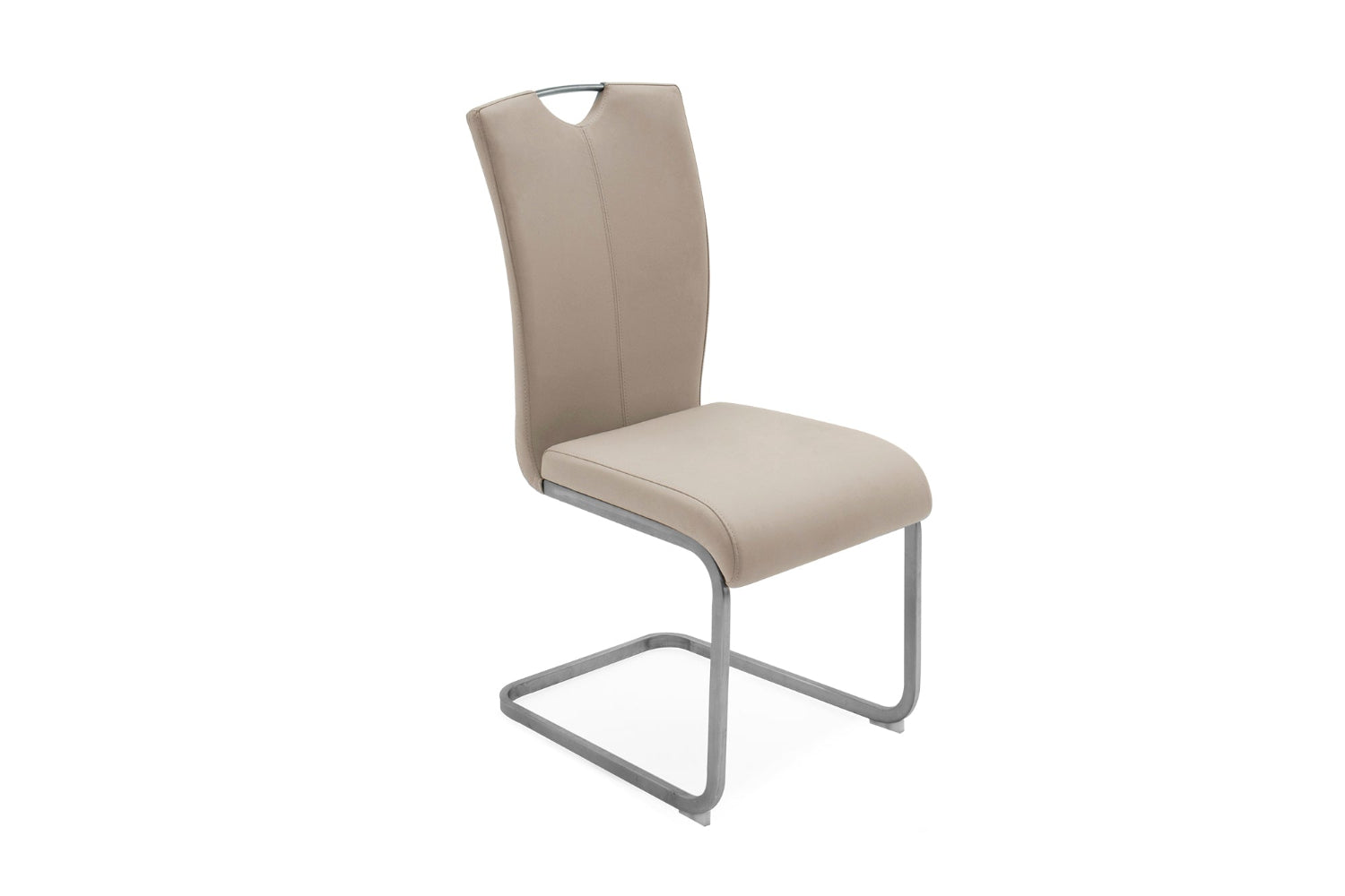 Taupe chair with a metal frame on a white background